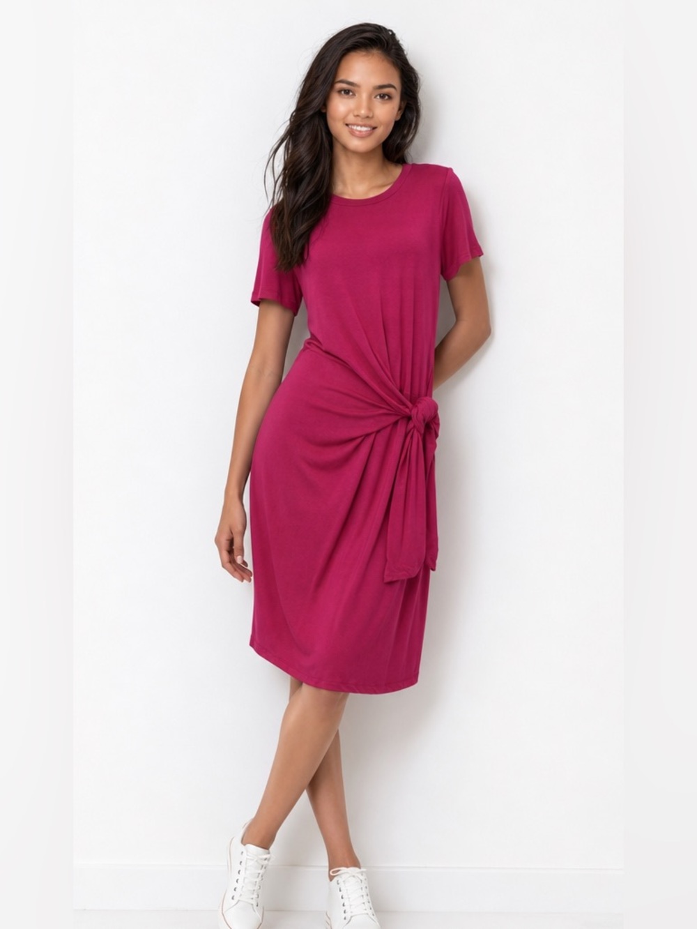 CALVIN KLEIN Fuchsia Side-Knot T-shirt Dress, Size 8